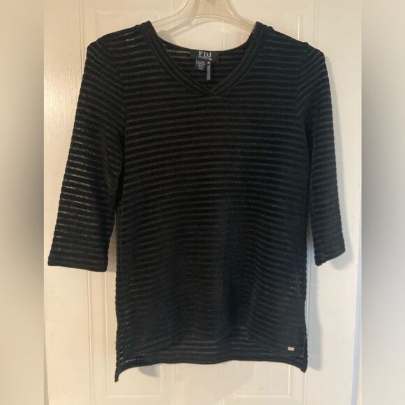 FDJ FRENCH DRESSING JEANS Black Stripe Sheer 3/4 Sleeve Top Size S/P - Picture 2 of 12